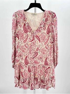 Paisley V-Neck Long Sleeve Dress - Pink